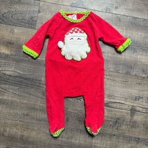 Mudpie Festive Embroidered Santa Clause Red and Green Kids One Piece